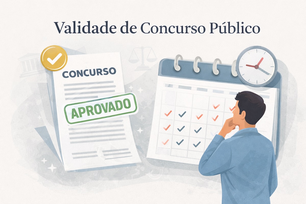 Documento de concurso público com carimbo de validade ao lado de calendário e relógio, representando o prazo de convocação de aprovados.